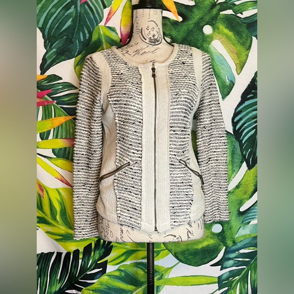 Drew XS Cream Grey Woven Knit Full Zip Pocket Fall Winter Office Work Jacket